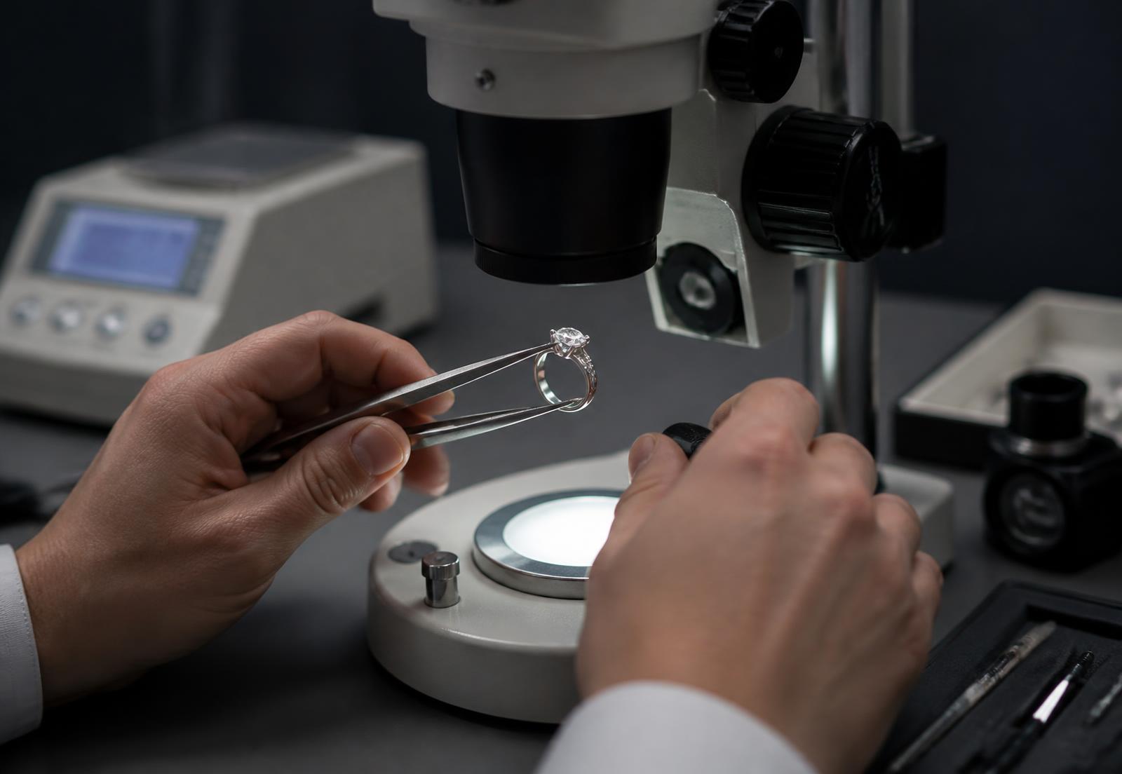 Gemologist examining a diamond ring with a loupe at the bench